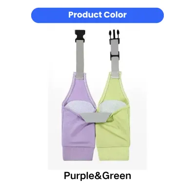 Purple and green anti-chafe dog leg protector sleeves with adjustable shoulder straps