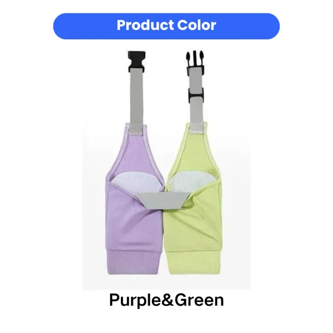 Purple and Green Dog Leg Protector Sleeves Purple and green anti-chafe dog leg protector sleeves with adjustable shoulder straps