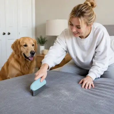 Dog hair remover brush removing pet fur from bedding with dog beside owner
