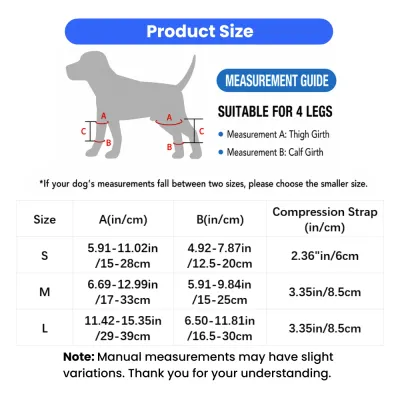 Dog Knee Brace Size Guide and Measurement Chart Dog knee brace measurement guide showing thigh girth, calf girth, and size chart for dogs