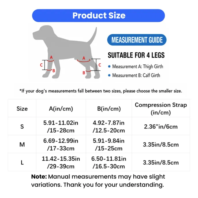 Dog Knee Brace Size Guide and Measurement Chart Dog knee brace measurement guide showing thigh girth, calf girth, and size chart for dogs