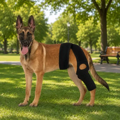 Active dog wearing a joint support brace in the park for knee stabilization and recovery