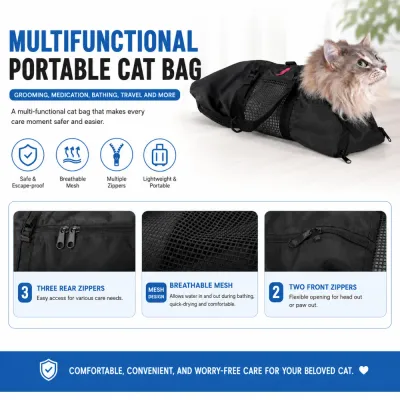Multifunctional Portable Cat Grooming Bag Features Multifunctional cat grooming bag with breathable mesh, multiple zippers, and escape-proof design
