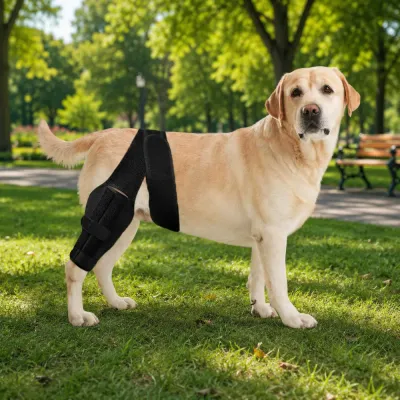 Dog Wearing Knee Brace Outdoors During Recovery Dog wearing a supportive knee brace while standing outdoors in a park during rehabilitation