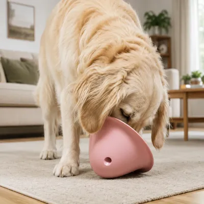 Dog Playing with Hide and Seek Treat Toy Indoors Golden retriever using an interactive dog treat hide and seek toy at home