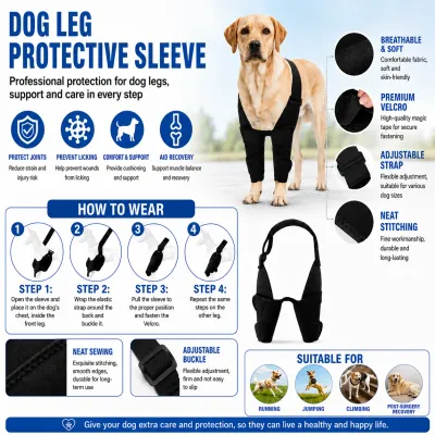 Dog leg protective sleeve with breathable fabric, adjustable straps, joint support, and recovery benefits