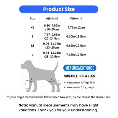 Dog knee brace size chart showing thigh girth and leg height measurements