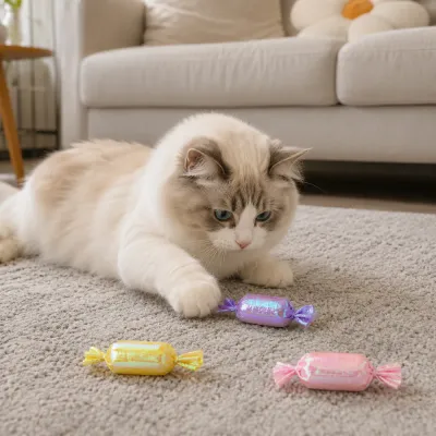 Indoor Cat Playing with Catnip Candy Toy Fluffy indoor cat playing with colorful crinkle paper catnip candy toys on carpet