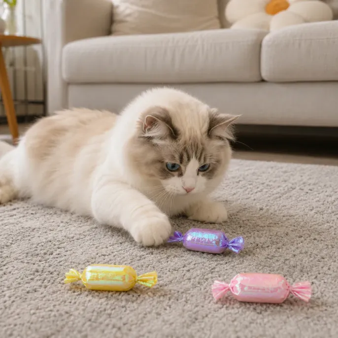 Fluffy indoor cat playing with colorful crinkle paper catnip candy toys on carpet