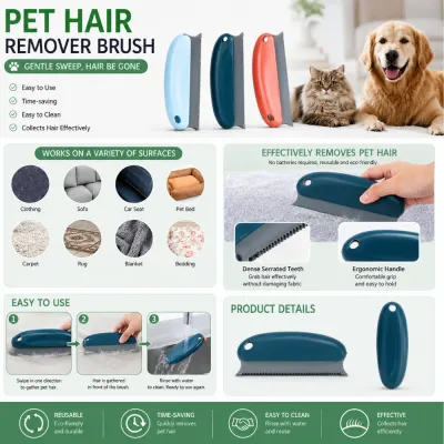 Pet hair remover brush product details showing furniture cleaning features and reusable design