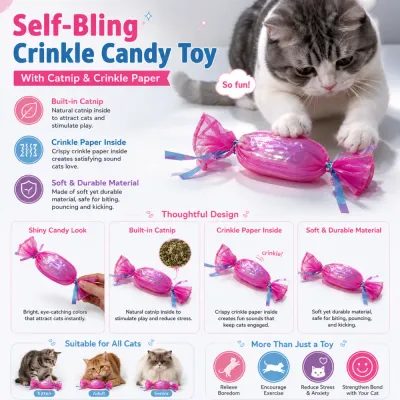 Self-bling candy cat toy with catnip filling crinkle paper and durable material for cats