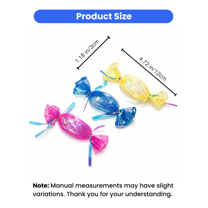 Dimensions of self-bling catnip candy toy measuring 4.72 inches long and 1.18 inches wide