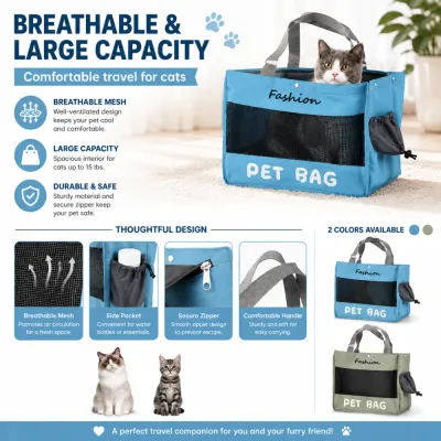 Breathable Pet Carrier Tote Bag with Large Capacity and Mesh Ventilation Large capacity pet carrier tote bag with breathable mesh window, side pocket, zipper closure and comfortable handles