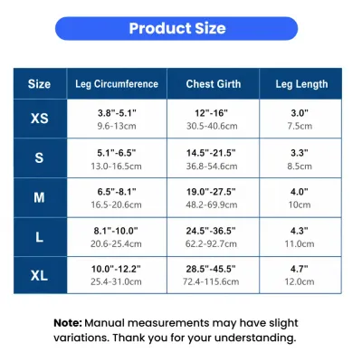 Dog leg brace size chart showing leg circumference, chest girth, and leg length measurements from XS to XL
