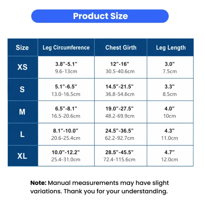 Dog leg brace size chart showing leg circumference, chest girth, and leg length measurements from XS to XL