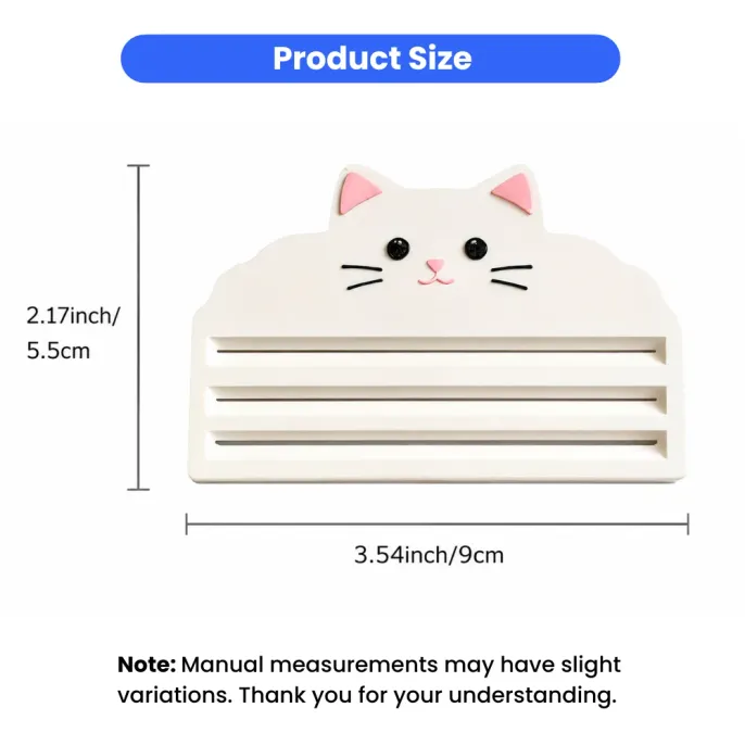 Compact cat food squeezer measuring 9cm wide and 5.5cm high for easy storage