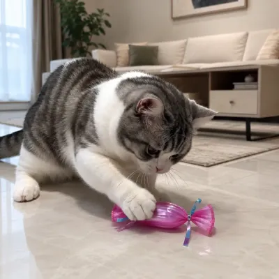 Indoor cat playing with pink crinkle candy toy filled with catnip in a living room