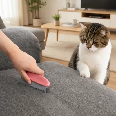 Owner using a reusable pet hair remover tool to clean cat hair from a fabric sofa while a cat watches in the living room