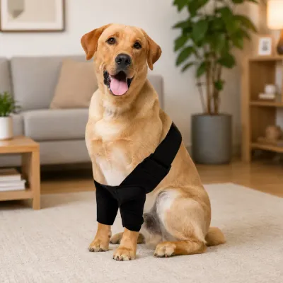 Happy Labrador wearing a dog recovery leg brace indoors for mobility support and rehabilitation
