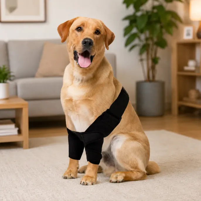 Happy Labrador wearing a dog recovery leg brace indoors for mobility support and rehabilitation