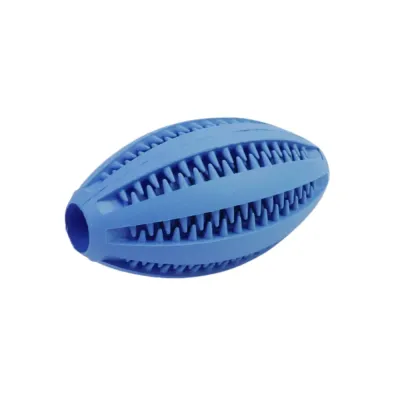 Rubber Rugby Dog Chew Toy Blue Blue rubber rugby dog chew toy with dental cleaning grooves and treat dispensing design