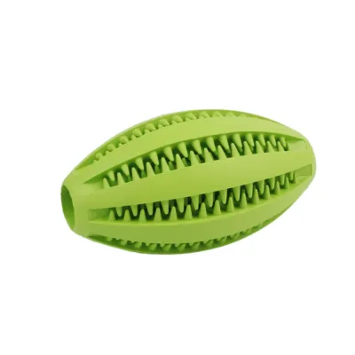 Green Rugby Dog Dental Toy Green rugby-shaped dog dental toy with textured grooves for cleaning teeth