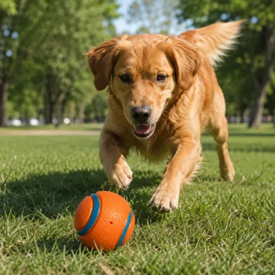 Dog Playing with Squeaky Bounce Ball Outdoors Golden retriever playing fetch with an orange squeaky rubber dog ball in a park