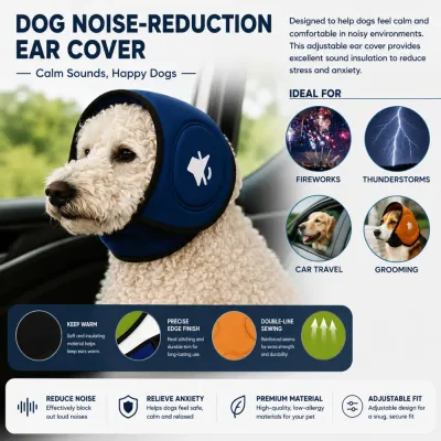 Dog Noise Reduction Ear Cover Benefits and Applications Dog ear protection cover reducing noise from fireworks, thunderstorms, travel and grooming