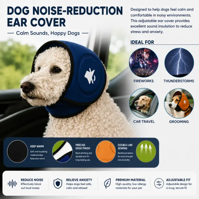 Dog ear protection cover reducing noise from fireworks, thunderstorms, travel and grooming