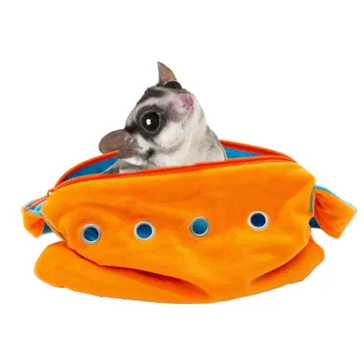 Small Pet Carrier Bag for Sugar Gliders and Hamsters Sugar glider sitting inside a soft orange small pet carrier bag with breathable ventilation holes and plush interior
