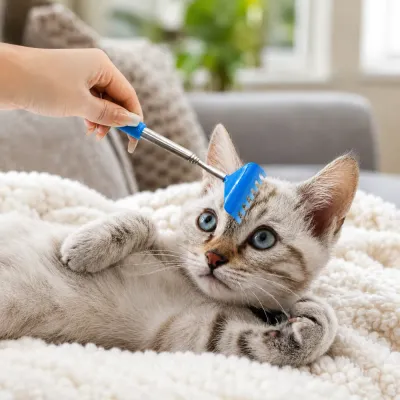 Kitten relaxing on a blanket while being scratched with a retractable cat back scratcher
