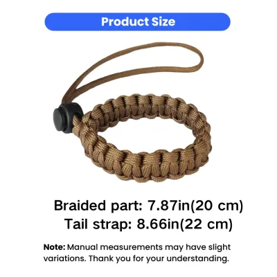 Size dimensions of adjustable paracord pet anti-loss wrist leash with braided section and tail strap measurements