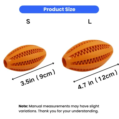 Rubber Rugby Dog Toy Size Guide Dog rugby chew toy size comparison showing small and large sizes for different dog breeds