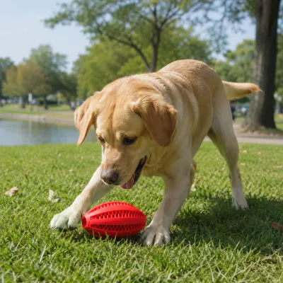 Dog Playing With Rugby Chew Toy Outdoors Labrador dog playing with a red rugby-shaped chew toy on grass in a park