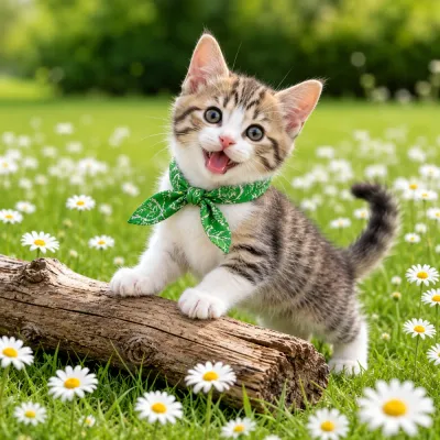 Cat Wearing Green Cooling Ice Scarf Outdoors Cute kitten wearing green pet cooling scarf in sunny outdoor setting