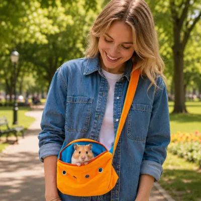 Woman Carrying Hamster in Small Pet Travel Bag Woman carrying a hamster in an orange small pet carrier bag while walking outdoors in a park