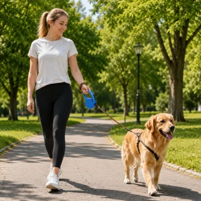 Dog owner using pet anti-loss wrist leash while walking a dog in the park