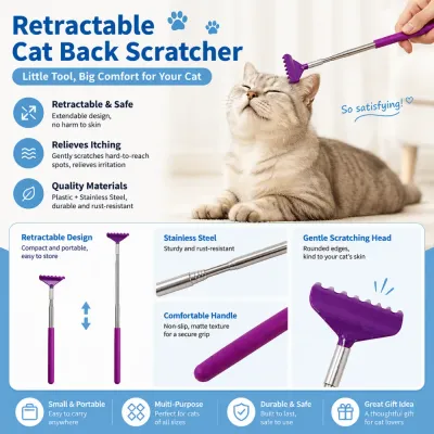 Detailed feature infographic showing retractable cat back scratcher with stainless steel construction