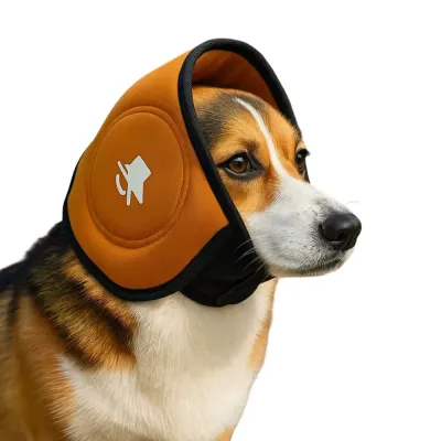 Dog Noise Reduction Ear Cover for Dogs Beagle wearing a dog noise reduction ear cover designed to reduce loud sounds and anxiety