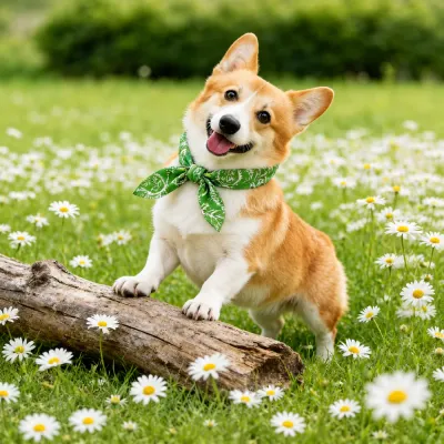 Dog Wearing Green Cooling Ice Scarf Outdoors Happy corgi dog wearing green cooling scarf in outdoor summer environment