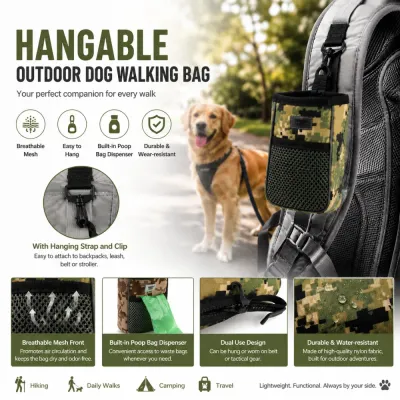 Hangable Outdoor Dog Walking Bag with Poop Bag Dispenser Hangable outdoor dog walking bag featuring breathable mesh pocket, built-in poop bag dispenser, durable nylon fabric and hanging clip
