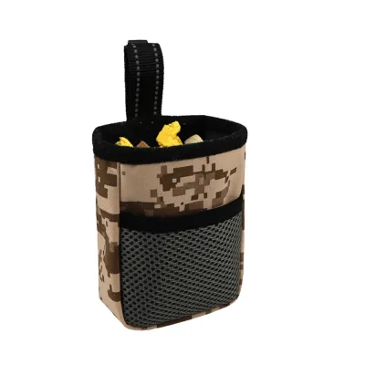 Open Dog Treat Pouch for Training and Walking Open dog treat pouch with hanging strap and mesh pocket holding dog treats for training and outdoor walks