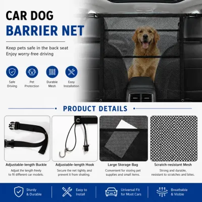 Durable Car Dog Barrier Net with Storage Pockets Car dog barrier net featuring adjustable buckles, storage pockets, and scratch-resistant mesh