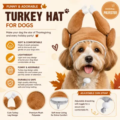 Funny Thanksgiving Turkey Hat for Dogs Features Thanksgiving dog turkey hat made from soft polyester plush with adjustable chin strap and turkey leg design