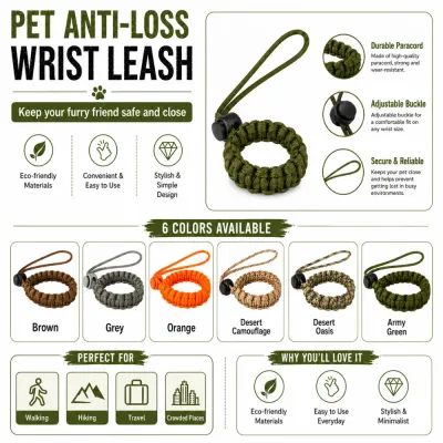 Durable paracord pet wrist leash with adjustable buckle and secure anti-loss design