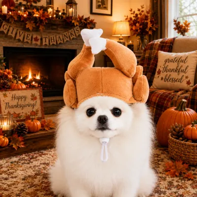 Dog Wearing Turkey Hat for Thanksgiving Celebration Cute dog wearing a plush turkey hat in a Thanksgiving decorated living room with pumpkins and autumn decor