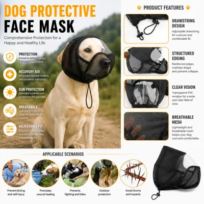 Breathable Dog Recovery Mask Features and Applications Dog protective face mask featuring breathable mesh, adjustable drawstring, clear vision window and anti-lick protection