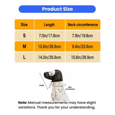 Dog Protective Face Mask Size Guide S M L Dog protective face mask size chart showing length and neck circumference measurements for S M and L sizes