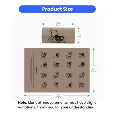 Dog Poop Bags Size Chart 33x23cm Leak-Proof Waste Bags Dog poop bag dimensions 13 x 9 inches 33 x 23 cm with roll size specifications