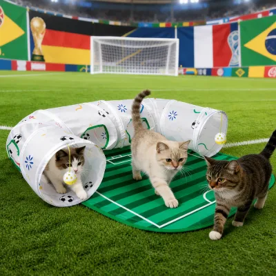 Cats Playing in World Cup Football Theme Cat Tunnel Cats playing inside a World Cup football themed cat tunnel play set on a soccer field inspired mat